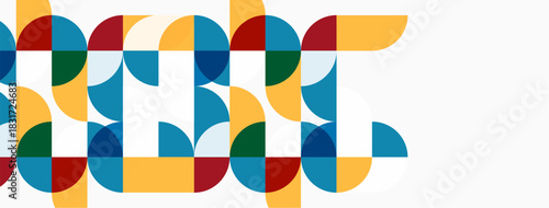 Abstract geometric pattern. Circles, semicircles create colorful design. Bright hues dominate composition. Modern aesthetic.
