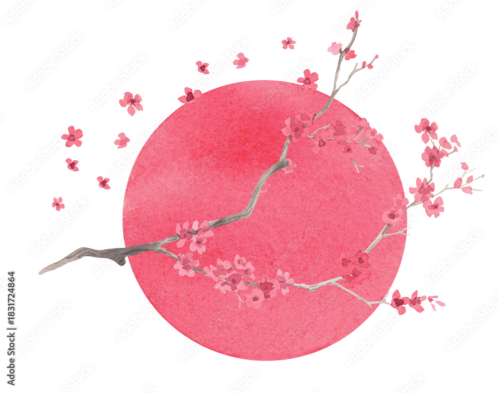 Naklejka premium Sakura with the sun on a background. Watercolor handmade illustration. For fabric, wallpaper, greeting cards, design, decoration and illustration.