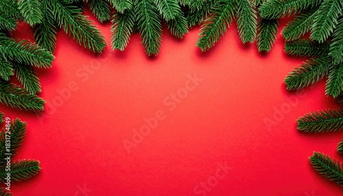 Festive Christmas fir branches frame a vibrant red background for holiday design.