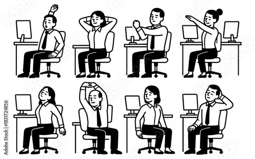 Office desk exercises: simple stretches for workplace wellness in black and white