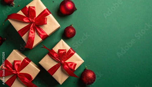 Festive Christmas Gifts Wrapped in Brown Paper with Red Ribbons and Ornaments on Green Background.