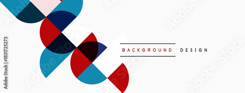 Abstract geometric shapes overlap, creating dynamic visual composition. Red, blue, pink hues dominate white space. Modern design element.