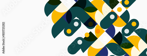 Abstract geometric shapes overlap, creating dynamic pattern. Colors include gold, teal, white, gray. Minimalist design evokes modern aesthetic.