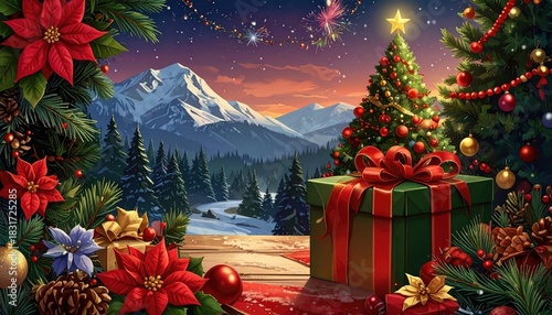 Magical Winter Christmas Scene Snowy Mountains Starry Night Festive Decorations.