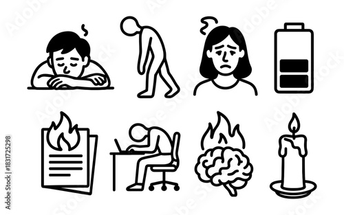 Burnout and fatigue concept icons depicting exhaustion and stress in a minimalist line art style