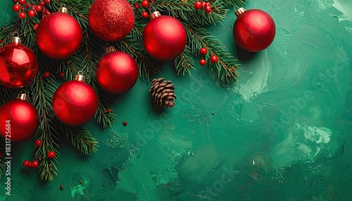 Festive Christmas Ornaments and Pine Branches Arrangement on Textured Green Background.