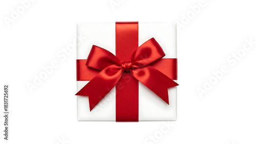 A white gift box with a vibrant red satin ribbon and bow isolated on transparent background