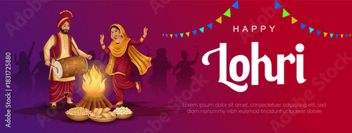 Happy Lohri festival background. Indian Sikh couple dancing around bonfire.