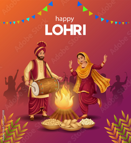 Happy Lohri festival background. Indian Sikh couple dancing around bonfire.