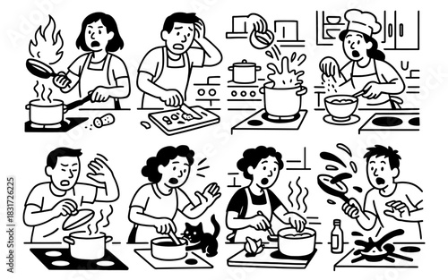 Humorous cooking disasters: cartoon characters in kitchen mishaps