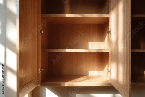 Empty cupboard interior with warm wooden shelves and soft daylight