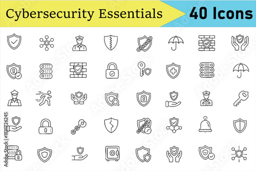 Cybersecurity Protection Line Icons for Data Safety and Access Control