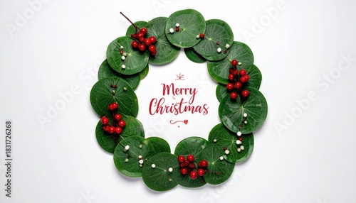 Natural Merry Christmas Wreath with Red Berries and Green Leaves.