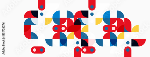 Abstract geometric shapes, red, blue, yellow. Minimalist design, clean lines, modern aesthetic. Composition suggests playful interaction.