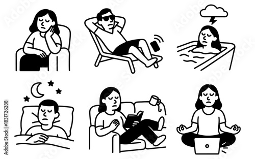 Monochrome illustrations of relaxation and stress situations in everyday life