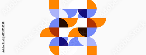 Abstract geometric pattern. Overlapping circles create complex visual texture. Orange, blue, brown hues dominate composition. Minimalist design.