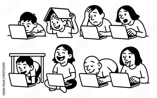 Funny family moments working and playing with laptops in line art style
