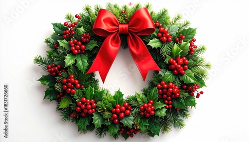 Beautiful Festive Christmas Wreath with Red Berries and Bow.