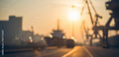 Blurry industrial port scene with bright sun and crane silhouettes, enhanced by glowing highlights along metal frames and a soft atmospheric haze that adds depth to the warm, dramatic harbor setting.