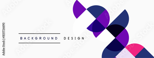 Abstract geometric shapes overlap, creating dynamic visual effect. Purple, navy, pink hues dominate white background. Minimalist design.