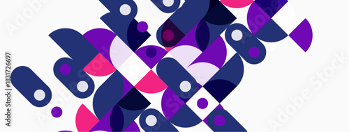 Abstract geometric composition. Circles, squares, rectangles overlap creating vibrant pattern. Pink, purple hues dominate white background.