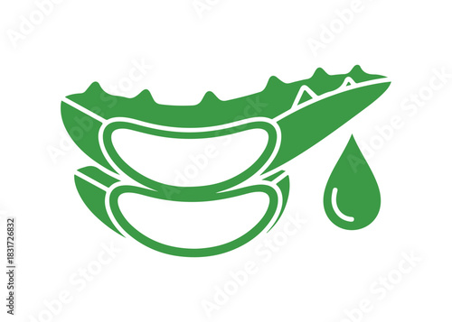 Glyph icon of aloe vera juice. Extract from a healing herb. Plant-based organic liquid. Cactus slice with a droplet. Cosmetic product. Isolated vector illustration.