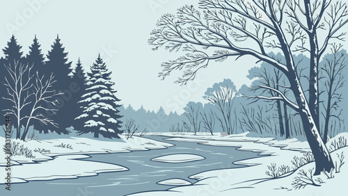 A winter landscape scene with a winding river surrounded by snow covered trees and a forest backdrop