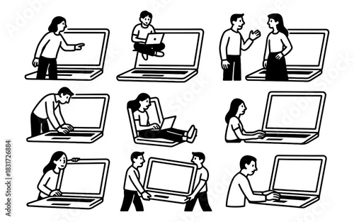 Black and white people interacting with laptops in various situations