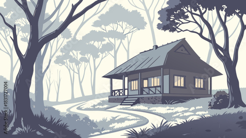 Cabin nestled in a forest with a winding path leading to it in a serene and peaceful landscape scene