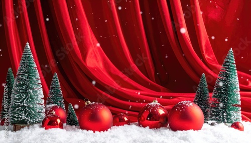Festive Christmas scene with red ornaments and snow-dusted trees on a red velvet backdrop.