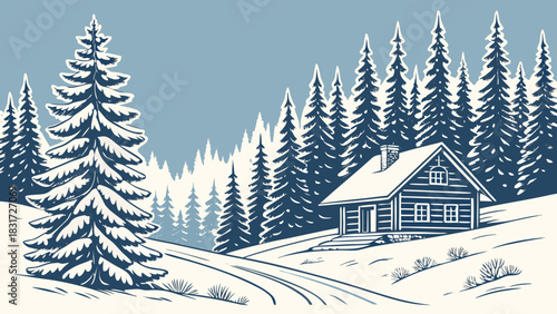 Winter scene of a cabin in the woods surrounded by snow covered trees and a light blue sky above it all