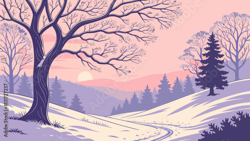 A winter landscape with snow covered hills trees and a path leading into the distance at sunset time