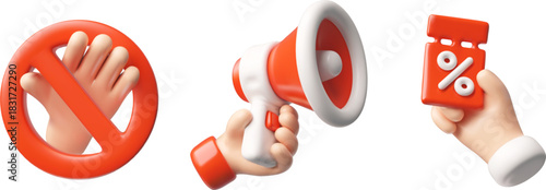 Prohibition sign, megaphone and discount coupon in hand 3D icons vector set, stop signal, sale and announcement symbols