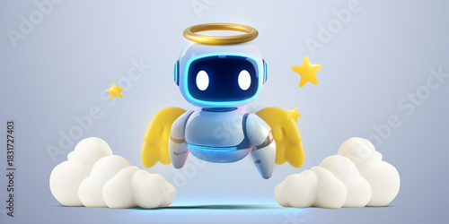 Cute 3D angel robot with glowing face halo and wings floating among clouds and stars on pastel blue background. Vector illustration