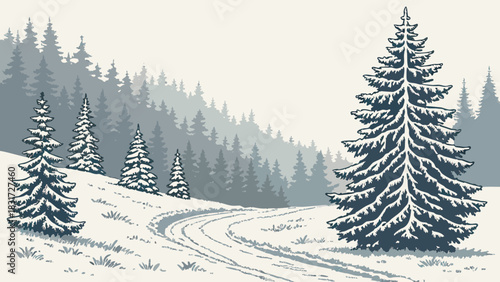 Winter landscape with snow covered trees and a winding path leading into a misty forest scene view