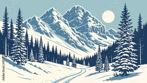 A winter landscape with snow covered mountains, pine trees, and a winding path under a bright sun