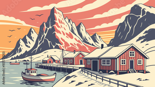 A scenic view of a coastal village with mountains, boats, and houses in a winter landscape setting