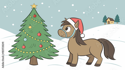 Cartoon horse wearing santa hat stands near christmas tree in a snowy winter landscape scene outdoors