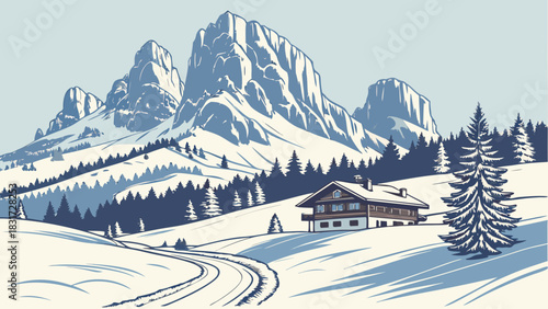 Illustration of a snowy mountain landscape with a cabin and a winding path through the snowfield