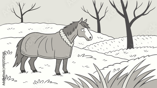 Illustration of a horse wearing a blanket standing in a field with trees in the background scene here