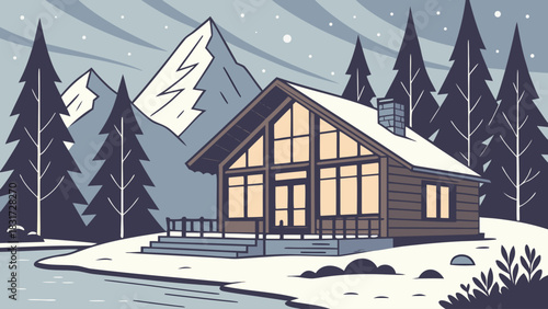 Cabin nestled in a snowy landscape with mountains and tall pine trees under a winter sky filled with snow