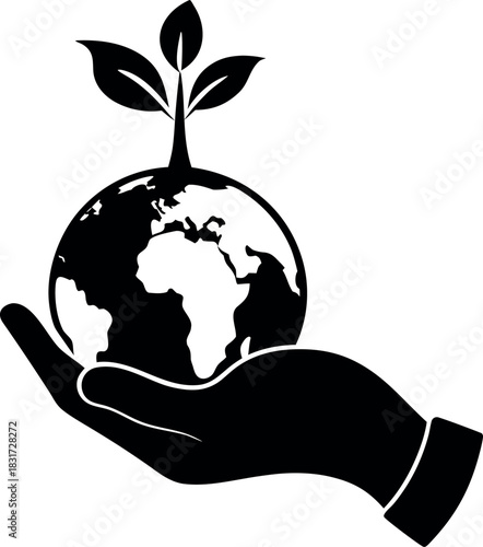 A hand cradling a globe with a small sprout, symbolizing the tender care our planet needs