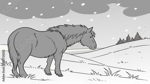 A horse stands in a snowy field with trees in the background on a cloudy winter day illustration