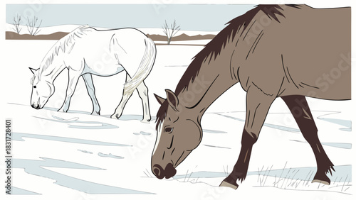 Two horses grazing in a snowy field one white and one brown with sparse trees in the background