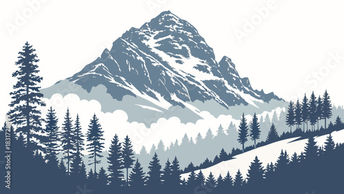 Illustration of a mountain peak with snow and a forest of pine trees in a layered landscape view