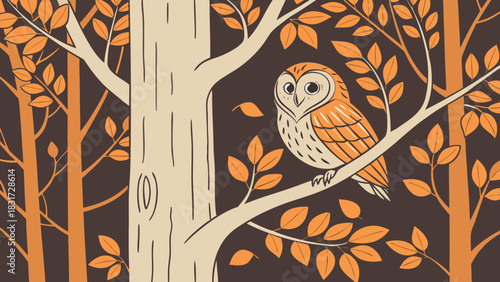 Illustration depicting an owl perched on a branch in an autumn forest with orange leaves and brown trees