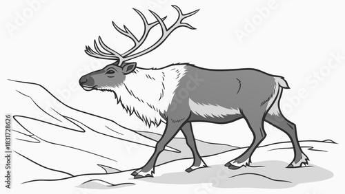 Illustration of a reindeer walking in a snowy landscape with large antlers in grayscale art style