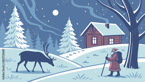 Illustration of santa claus walking with a reindeer near a cabin in a snowy winter landscape