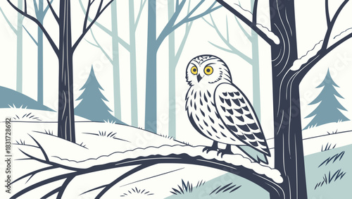 Illustration of an owl perched on a snowy branch in a winter forest scene with bare trees around it