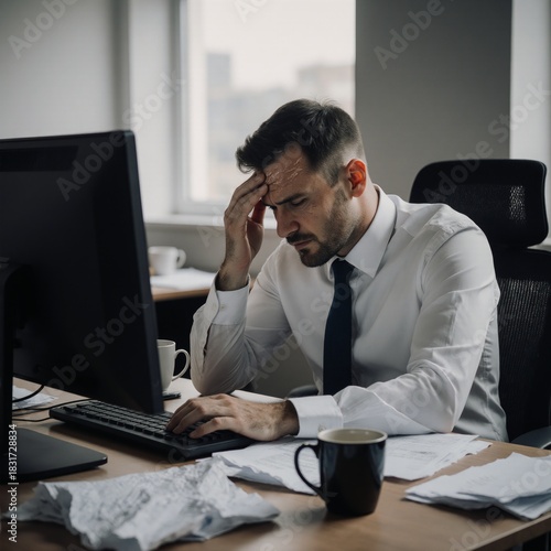 Businessman suffering from work-related stress headache and burnout with symptoms of depression vertigo anxiety migraine and mental health issues